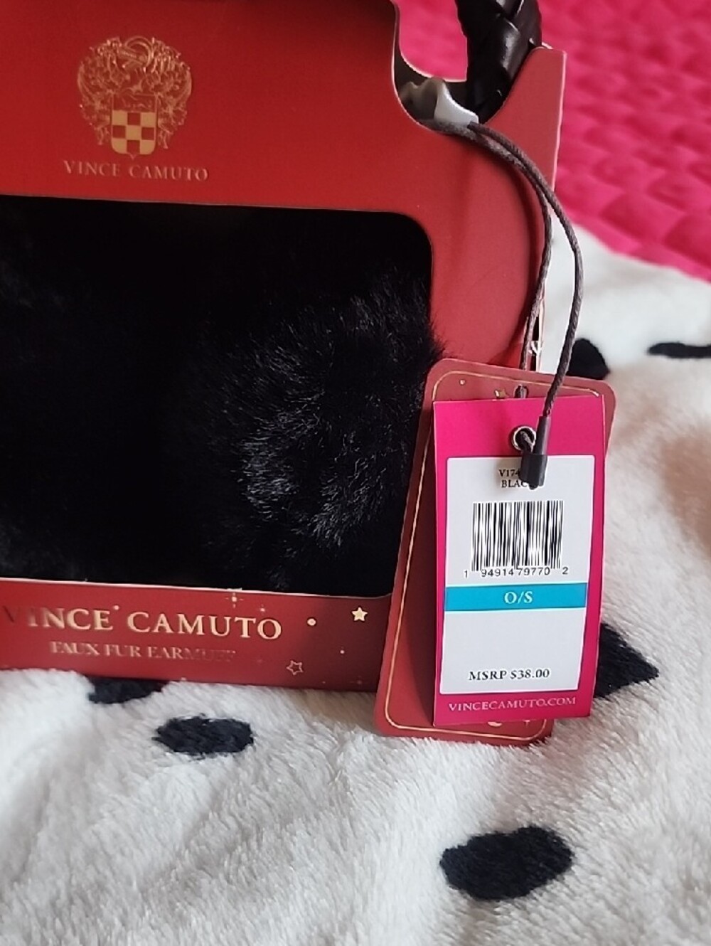 Vince Camuto Black Faux Fur Earmuffs with Faux Leather Braided Band. - Picture 2 of 2